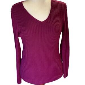 Lands’ End Maroon 100% Merino Wool Ribbed V-Neck Sweater - Large
